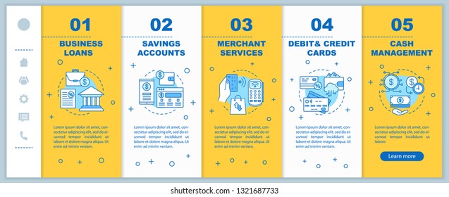 Banking services onboarding mobile web pages vector template. Financial management. Credit cards and savings. Responsive smartphone website interface. Webpage walkthrough step screens. Color concept