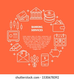Banking services round concept in line style. Money and investment activities symbols. Financial poster template. Vector illustration with place for text.