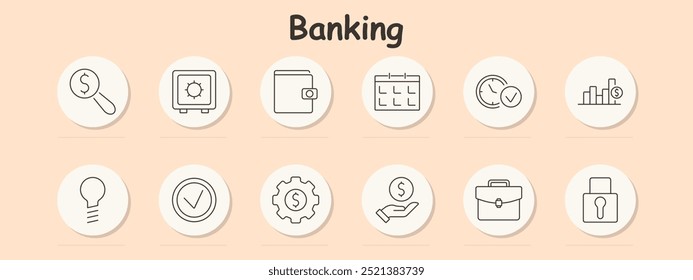 Banking set icon. Dollar magnifying glass, safe, wallet, calendar, clock, chart, idea, checkmark, cog, payment, briefcase, lock, finance, investment, savings, security