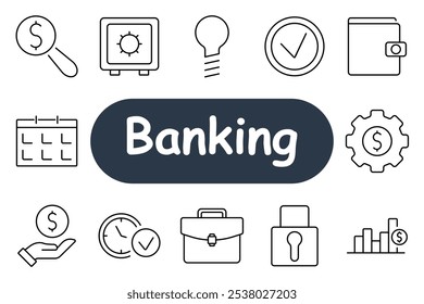 Icono de conjunto bancario. Búsqueda de dólares, caja fuerte, bombilla, cartera, calendario, mano con moneda, gestión de tiempo, seguridad, maletín, estadísticas. Los iconos se centran en los servicios bancarios y la gestión financiera