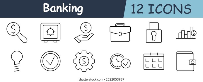 Icono de conjunto bancario. Dólar bajo lupa, seguro, mano con moneda, maletín, candado, gráfico financiero, bombilla, marca de verificación, engranaje del dólar, reloj, calendario, cartera