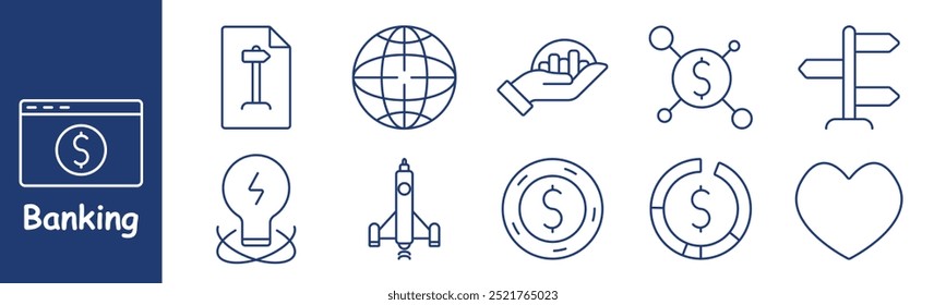 Ícone de conjunto bancário. Crescimento, câmbio, meta, finanças globais, inovação, investimento, ideia, lançamento de foguetes, direção, transação segura, estratégia financeira.
