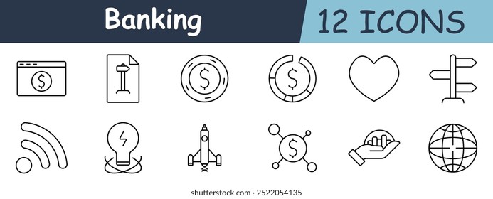 Banking set icon. Online payment, podium, coin, pie chart, heart, direction signs, RSS feed, lightbulb, rocket, network, growth in hand, globe