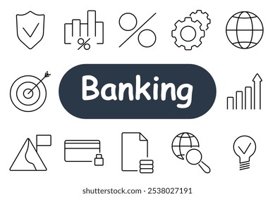 Bankensatzsymbol. Schild, Graph, Prozentsatz, Zahnräder, Globus, Ziel, Kreditkarte, Dokument. Symbole stehen für Banksicherheit, Analysen und globale Finanzen