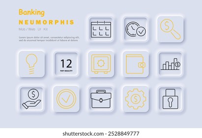Banking set icon. Wallet, safe, stock market, lightbulb, calendar, savings, briefcase, analysis, financial growth, secure payment, banking tools