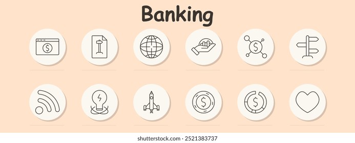 Banking set icon. Web finance, document, globe, hand with money, financial network, direction, RSS, idea, rocket, coin, circular chart, heart.