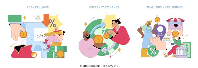 Banking set. Loan issuance, currency exchange, and small business lending services. Financial transactions, economic support for individuals and businesses, and currency handling. Vector illustration.