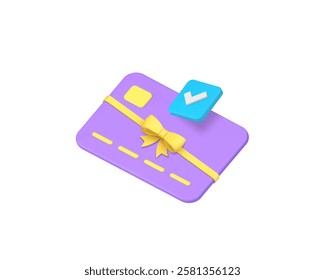 Banking shopping gift card voucher for purchase present 3d icon realistic vector illustration. Shop store customer buying goods financial flyer with award ribbon commercial marketing business