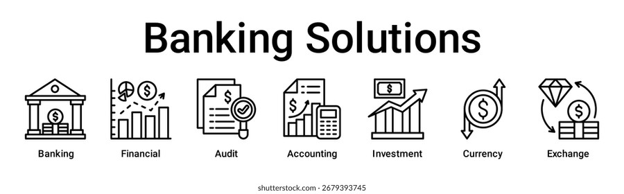 Concepto de Ilustración vectorial de ícono de Web de Anuncio de soluciones bancarias para negocios con ícono de banca, financiera, auditoría, contabilidad, inversión, moneda.