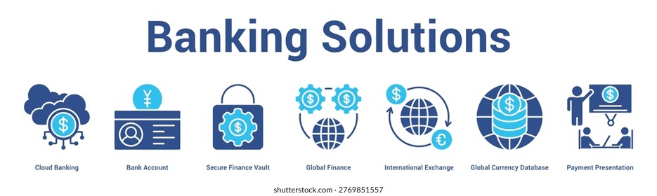 Banking Solutions web banner icon set vector illustration concept for business with icon of Cloud Banking, Bank Account, Secure Finance Vault, Global Finance, International Exchange, Global Curre.