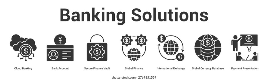 Banking Solutions web banner icon set vector illustration concept for business with icon of Cloud Banking, Bank Account, Secure Finance Vault, Global Finance, International Exchange, Global Curre.
