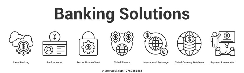Banking Solutions web banner icon set vector illustration concept for business with icon of Cloud Banking, Bank Account, Secure Finance Vault, Global Finance, International Exchange, Global Curre.