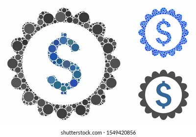 Banking stamp mosaic of round dots in various sizes and color tones, based on banking stamp icon. Vector round dots are combined into blue illustration.