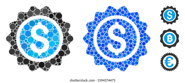 Banking stamp mosaic of round dots in different sizes and color hues, based on banking stamp icon. Vector round dots are grouped into blue mosaic. Dotted banking stamp icon in usual and blue versions.
