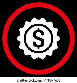 Banking Stamp vector bicolor rounded icon. Image style is a flat icon symbol inside a circle, red and white colors, black background.