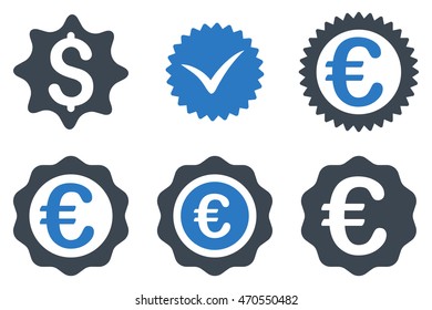 Banking Stamp vector icons. Icon style is bicolor smooth blue flat symbols with rounded angles on a white background.