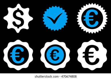 Banking Stamp vector icons. Pictogram style is bicolor blue and white flat icons with rounded angles on a black background.