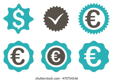 Banking Stamp vector icons. Pictogram style is bicolor grey and cyan flat icons with rounded angles on a white background.