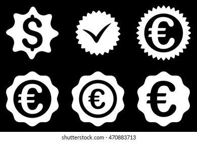 Banking Stamp vector icons. Pictogram style is white flat icons with rounded angles on a black background.