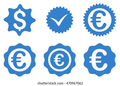 Banking Stamp vector icons. Pictogram style is cobalt flat icons with rounded angles on a white background.