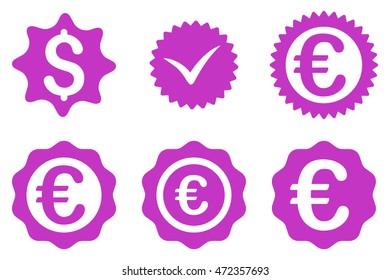 Banking Stamp vector icons. Pictogram style is violet flat icons with rounded angles on a white background.