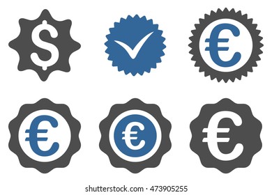 Banking Stamp vector icons. Pictogram style is bicolor cobalt and gray flat icons with rounded angles on a white background.