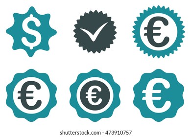 Banking Stamp vector icons. Pictogram style is bicolor soft blue flat icons with rounded angles on a white background.