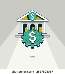 Banking system concept poster, bank building with gears vector icon style illustration, economy federal bank, cogs with bank settings metaphor.