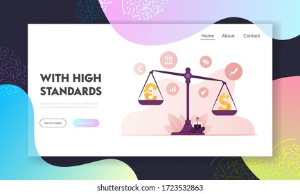 Banking System, European and American Currency Opposition Landing Page Template. Euro and Dollar on Huge Scales with Businessman Character Working on Laptop. Cartoon People Vector Illustration