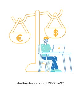 Banking System, European and American Currency Opposition. Euro and Dollar Symbols Lying on Huge Scales with Businessman Character Sitting Beneath Working on Laptop. Linear Vector Illustration