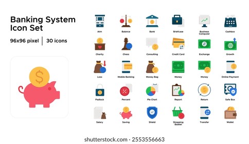 Banking System Flat Icon Set: ATM, Bank Branches, Online Banking, Loans, Credit Cards, and Interest Rates