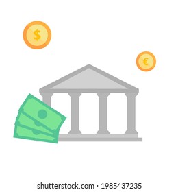 Vector del sistema bancario. Concepto de finanzas y macroeconomía. Icono de moneda y billetes. Ilustración plana sobre fondo blanco.