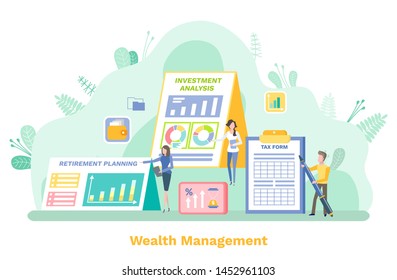 Banking system vector, people working with accounts, wealth management. Clipboard with flowcharts and infocharts. Statistics of bank system flat style
