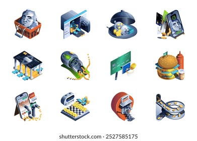 Banking system web concept of 3d isometric icons set in isometry design. Shopping, money savings, credit card, finance account, electronic paying, cash back and bonus, other. Vector illustration.