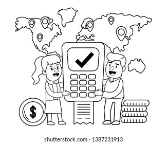 Banking teamwork financial planning dataphone black and white