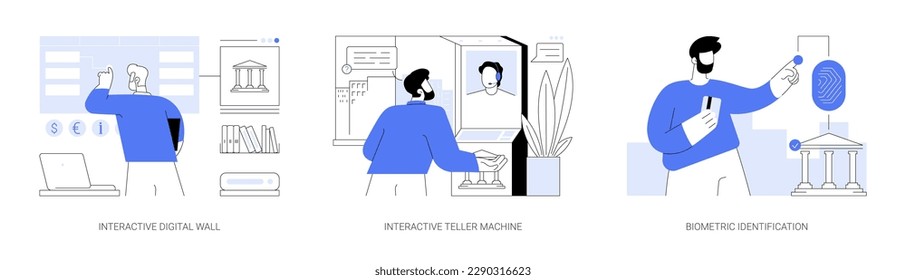 Banking technologies abstract concept vector illustration set. Interactive digital wall, teller machine, biometric identification, ATM terminal, client scans fingerprint, security abstract metaphor.