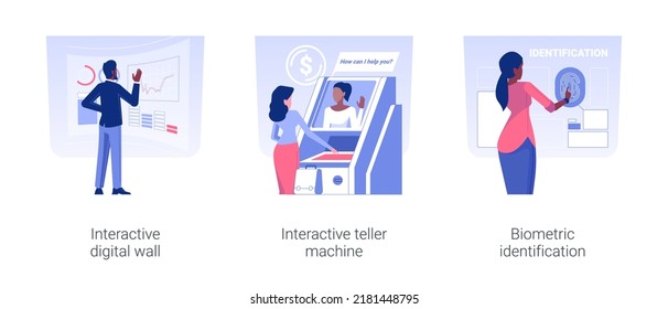 Banking technologies isolated concept vector illustration set. Interactive digital wall, teller machine, biometric identification, ATM terminal, client scans fingerprint, security vector cartoon.