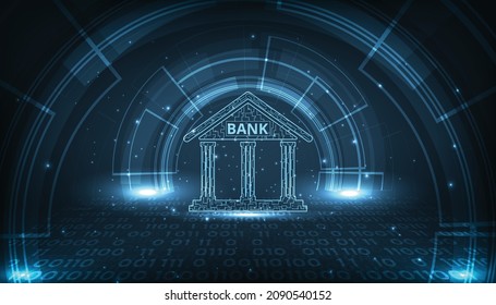 Banking Technology concept design.Isometric illustration of bank on dark blue technology background. Digital connect system.Financial and Banking  technology concept.Vector illustration.EPS 10. - Shutterstock ID 2090540152