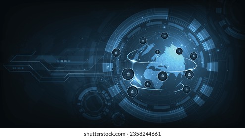 Banking Technology Concept. Isometric illustration of the bank on a dark blue technology background. Digital connect system. Financial and Banking technology concept.Vector illustration.EPS 10.