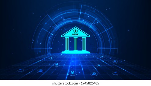 Banking Technology Concept.Isometric Illustration Of Bank On Dark Blue Technology Background. Digital Connect System.Financial And Banking  Technology Concept.Vector Illustration.EPS 10.