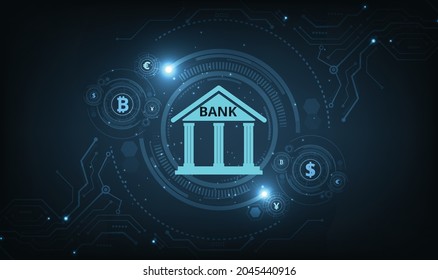  Banking Technology concept.Isometric illustration of bank on dark blue technology background. Digital connect system.Financial and Banking technology concept.Vector illustration.EPS 10.