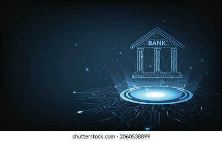 Banking Technology concept.Isometric illustration of bank on technology circuit lines background.Digital connect system.Financial technology concept.Vector illustration.EPS 10.
