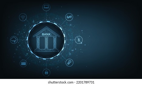 Banking Technology concept.Isometric illustration of bank on technology circuit lines background.Digital connect system.Financial technology concept.Vector illustration.EPS 10.