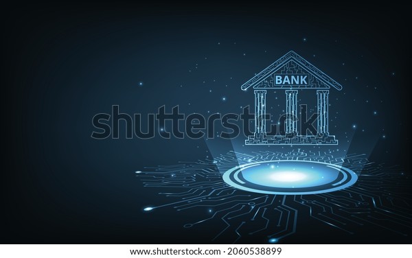 Banking\
Technology concept.Isometric illustration of bank on technology\
circuit lines background.Digital connect system.Financial\
technology concept.Vector illustration.EPS\
10.