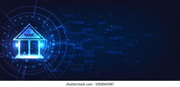 Banking Technology.Isometric illustration of bank on geometric technology background. Digital connect system.Financial technology concept.Vector illustration.EPS 10.