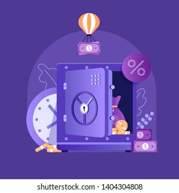 Banking Term Deposit Concept With Unlocked Moneybox, Banknotes And Coins. Longterm Money Saving Finance Illustration With Opened Safe In Flat Design.