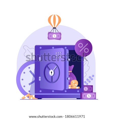 Banking term deposit concept with unlocked moneybox, banknotes and coins. Longterm money saving finance illustration with opened safe in flat design.