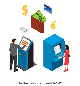 Banking Terminal Service Set Isometric View Business Finance Machine Equipment, Currency, Plastic Card and People. Vector illustration