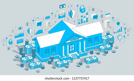 Banking theme cartoon, bank building with dollars and coin stack isolated over white background. 3d vector business isometric illustration with icons, stats charts and design elements.