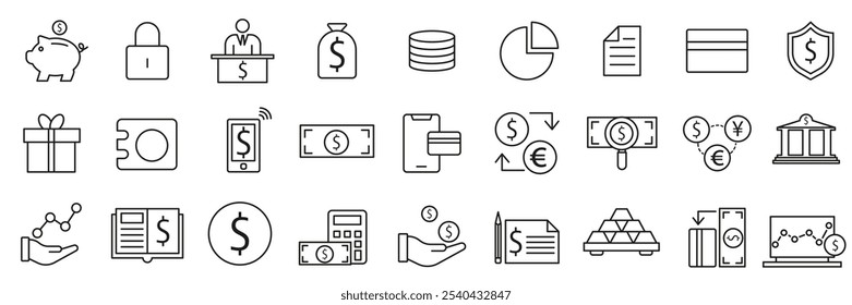 Banking thin line icons set. Bank interface. Icons are used in banking. EPS 10.